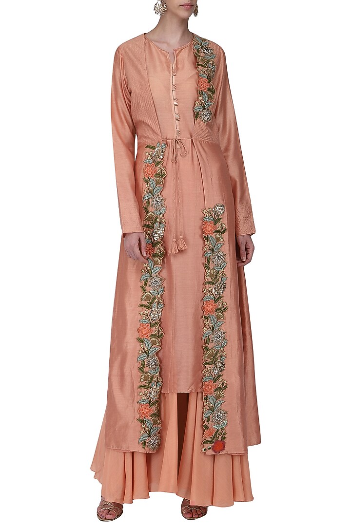 Peach embroidered jacket with kurta and sharara pants available only at Pernia's Pop Up Shop.