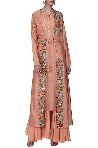 Peach Embroidered Jacket with Kurta and Sharara Pants by Ekru by Ekta and Ruchira