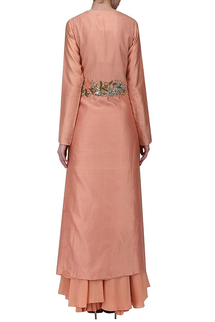 Peach embroidered jacket with kurta and sharara pants available only at Pernia's Pop Up Shop.