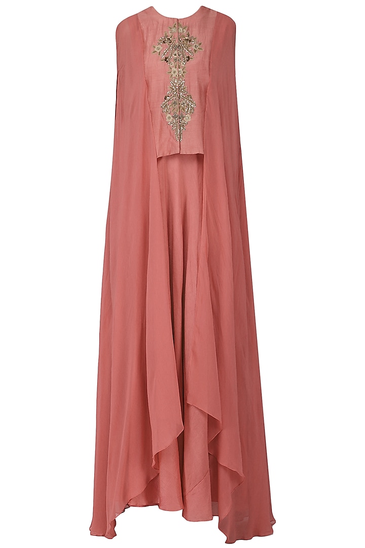 Peach Anarkali Gown with Embroidered Cape Top by Ekru by Ekta and Ruchira