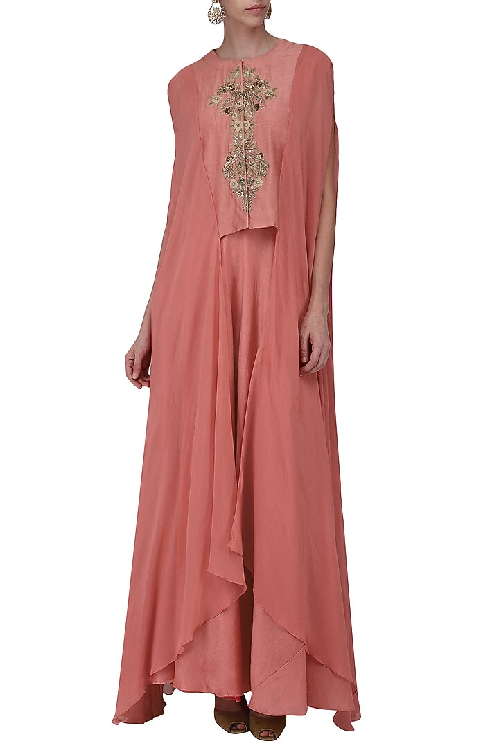 Peach anarkali gown with embroidered cape top available only at Pernia's Pop Up Shop.