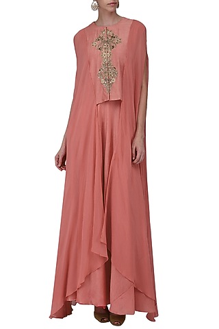 Peach Anarkali Gown with Embroidered Cape Top by Ekru by Ekta and Ruchira