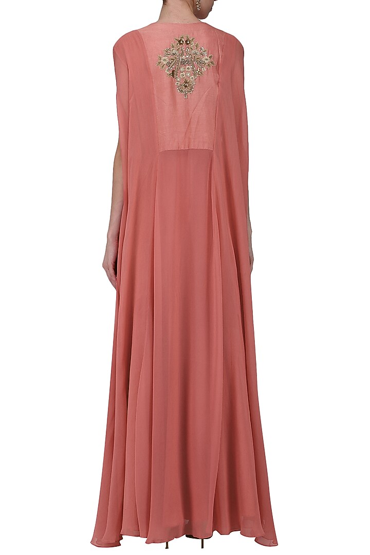 Peach anarkali gown with embroidered cape top available only at Pernia's Pop Up Shop.
