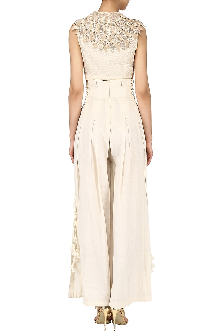 Off white 3D leaf embroidered crop top with high waisted pants available only at Pernia's Pop Up Shop.