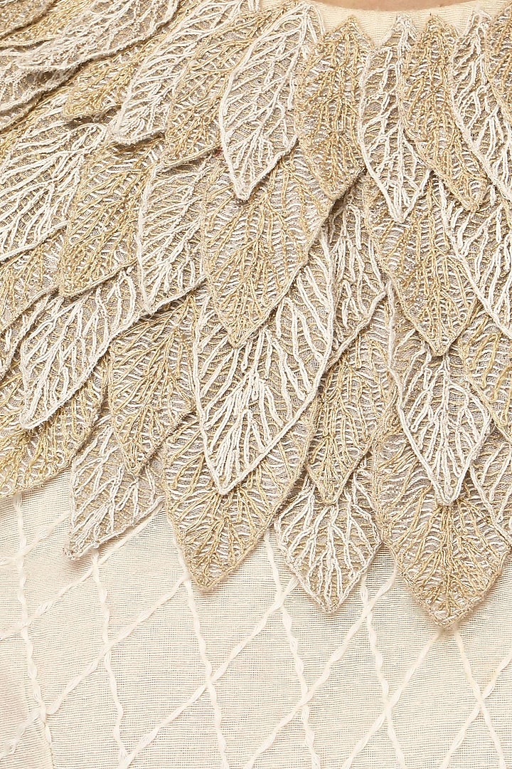 Off white 3D leaf embroidered crop top with high waisted pants available only at Pernia's Pop Up Shop.