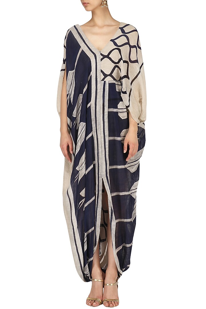 Beige and navy drape dress available only at Pernia's Pop Up Shop.
