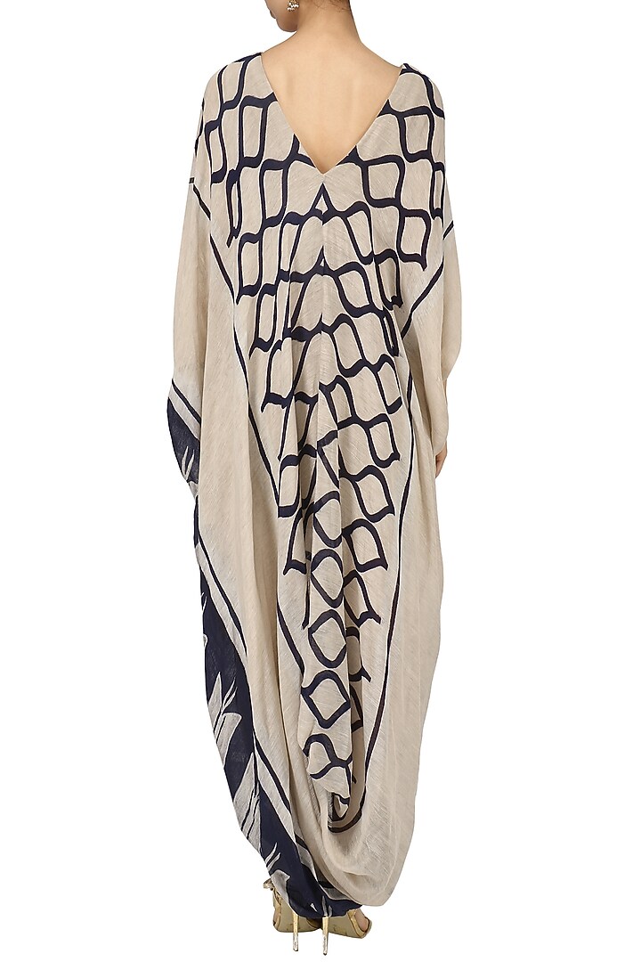 Beige and navy drape dress available only at Pernia's Pop Up Shop.