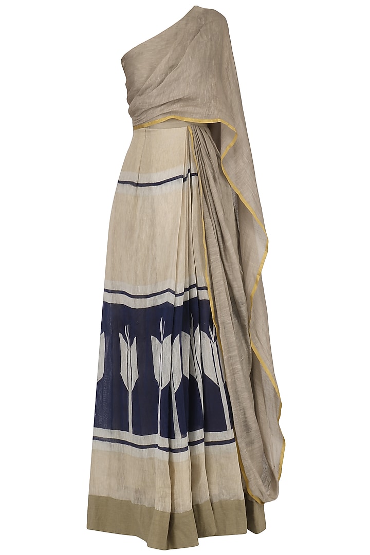 Beige and navy Pleated drape saree available only at Pernia's Pop Up Shop.