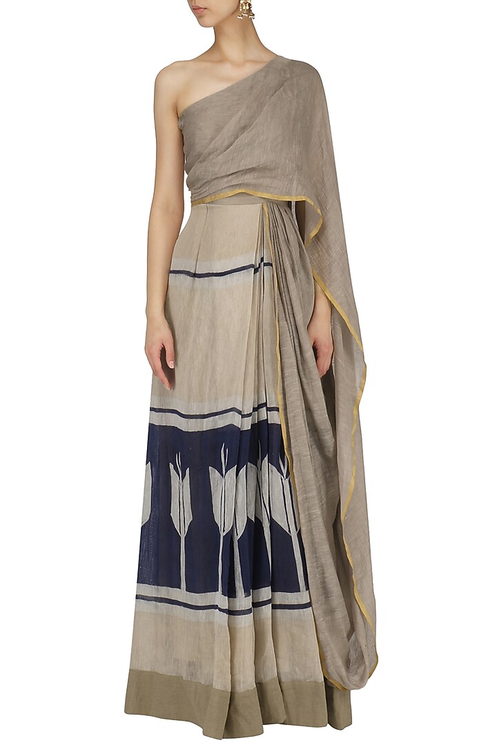 Beige and navy Pleated drape saree available only at Pernia's Pop Up Shop.
