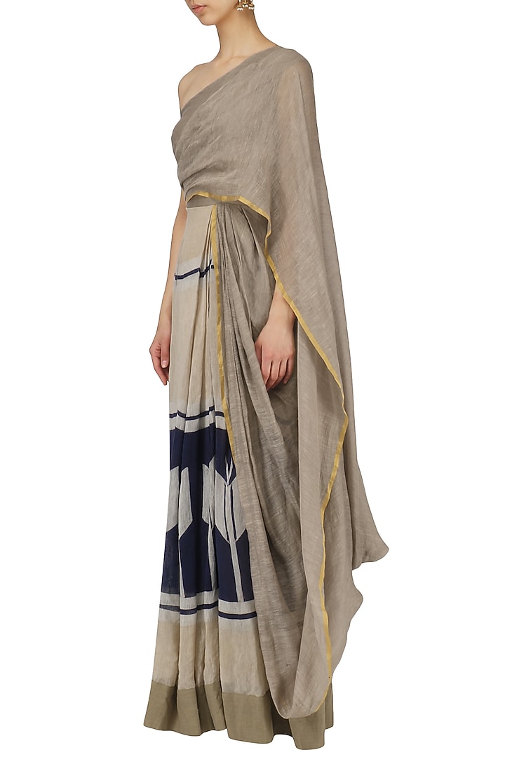 Beige and navy Pleated drape saree available only at Pernia's Pop Up Shop.