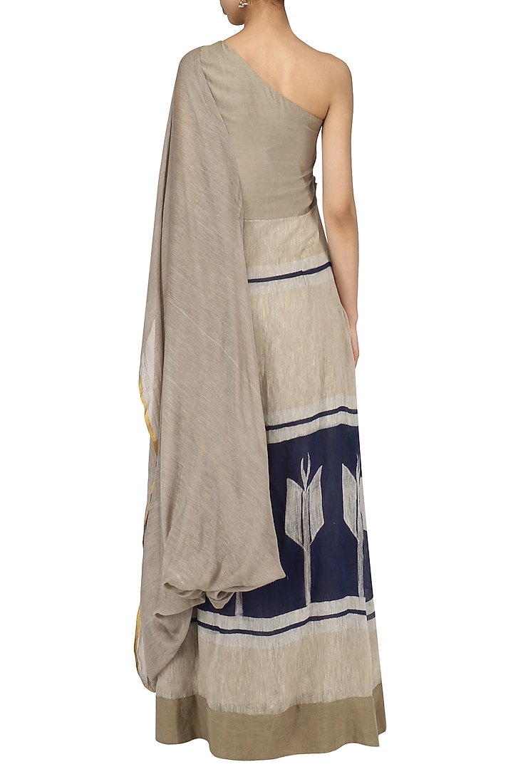 Beige and navy Pleated drape saree available only at Pernia's Pop Up Shop.