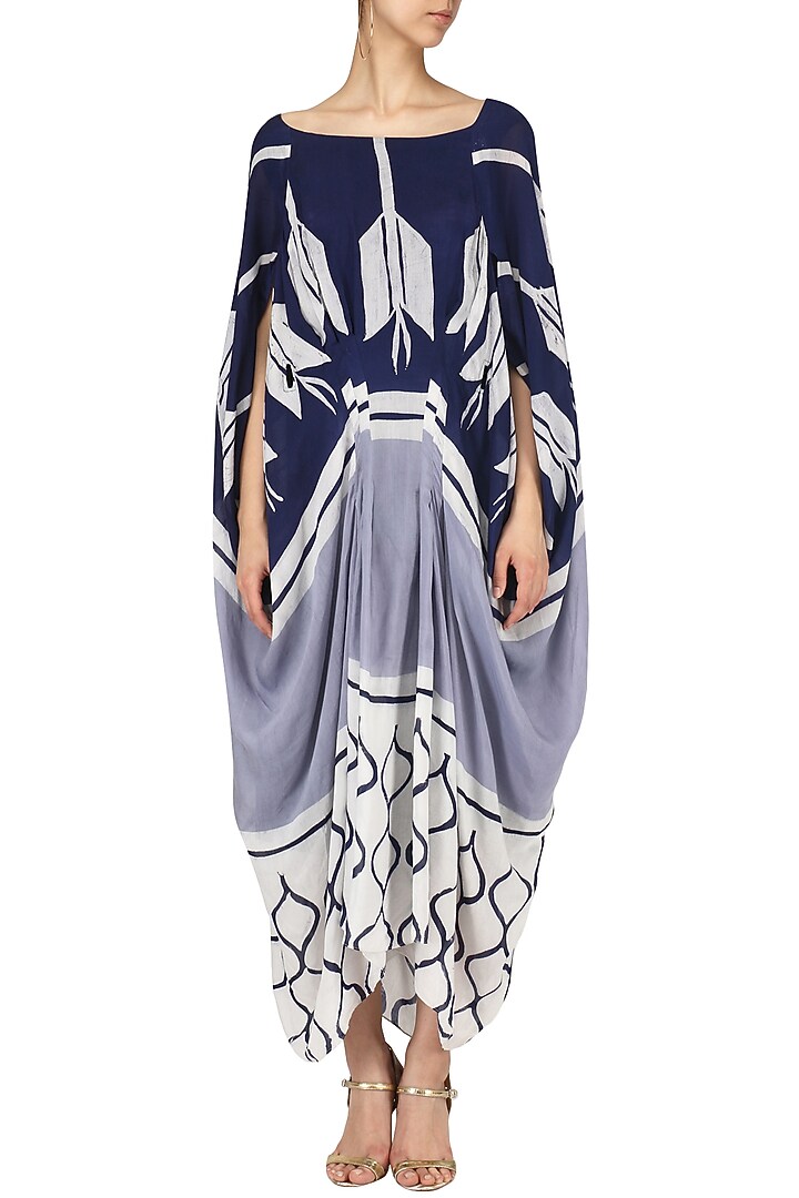 Off white and navy cowl Drape dress available only at Pernia's Pop Up Shop.