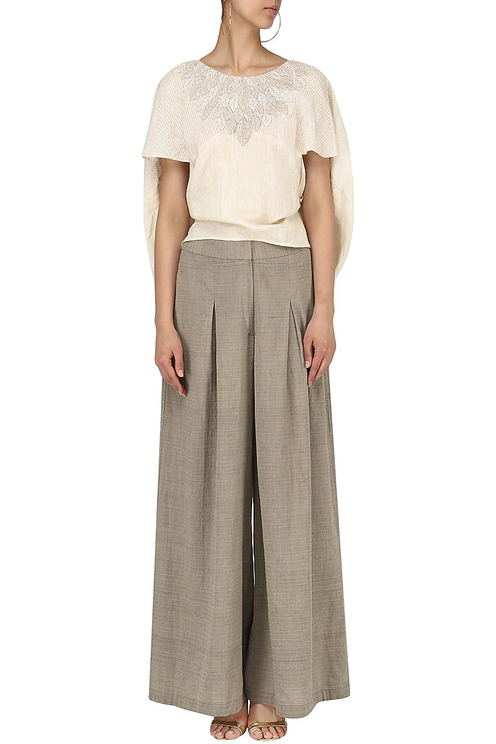 Off white Balloon top with box pleated khadi pants available only at Pernia's Pop Up Shop.