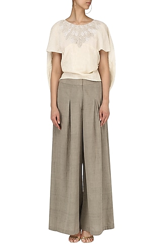 Off white Balloon top with box pleated khadi pants by EKRU by Ekta and Ruchira
