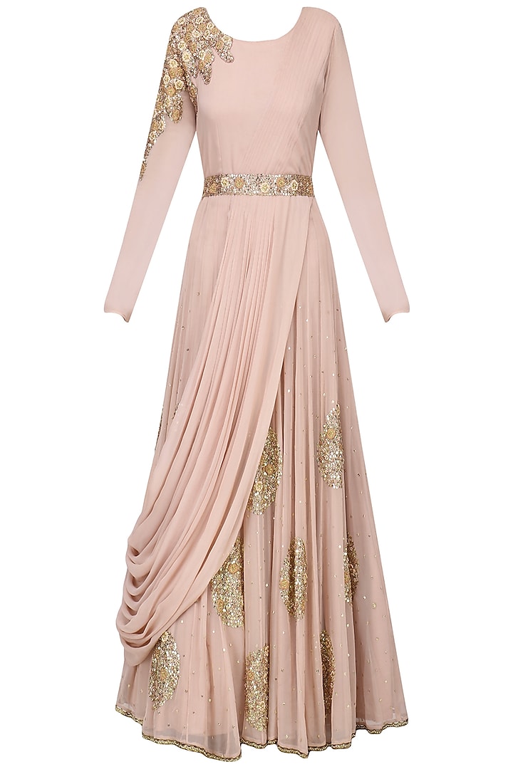 Blush Pink Embroidered Drape Gown with Embroidered Belt by Ekru by Ekta and Ruchira