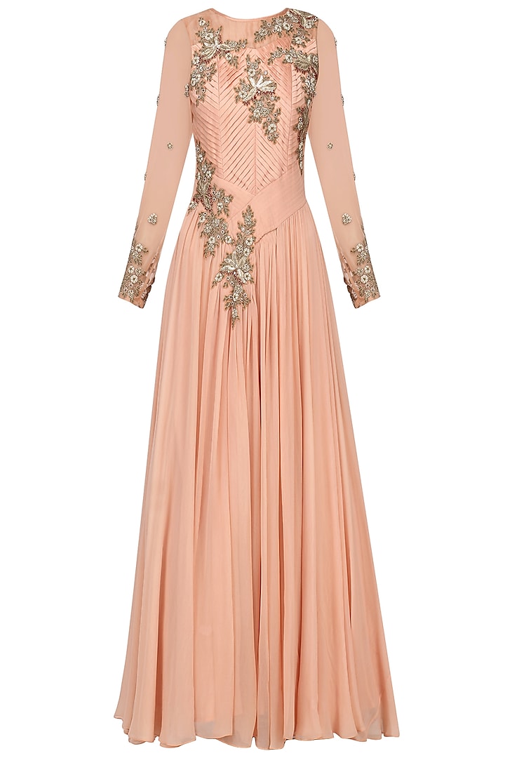 Peach Pleated Embroidered Gown. by Ekru by Ekta and Ruchira