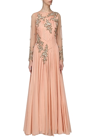 Peach Pleated Embroidered Gown. by Ekru by Ekta and Ruchira