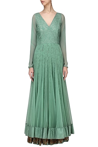 Ash Blue Embroidered Gown by Ekru by Ekta and Ruchira