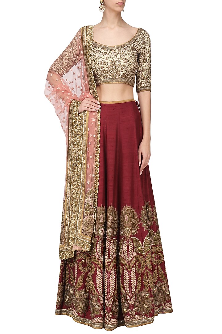 Maroon embroidered lehenga set available only at Pernia's Pop Up Shop.