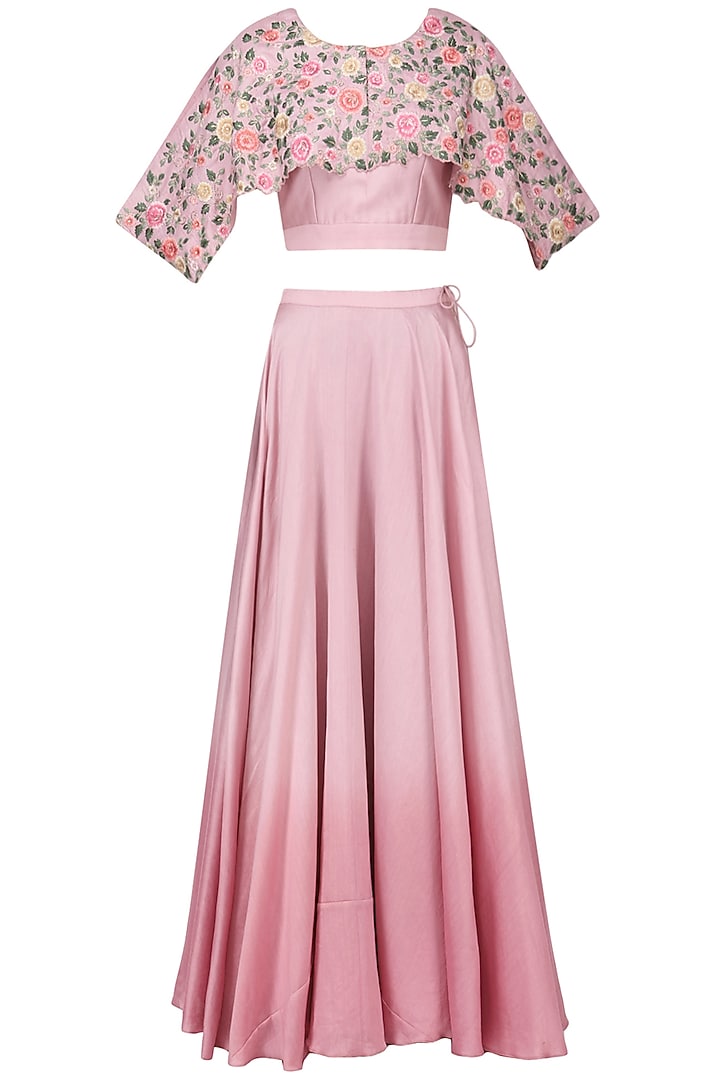 Pink ombre embroidered cape blouse and lehenga set available only at Pernia's Pop Up Shop.