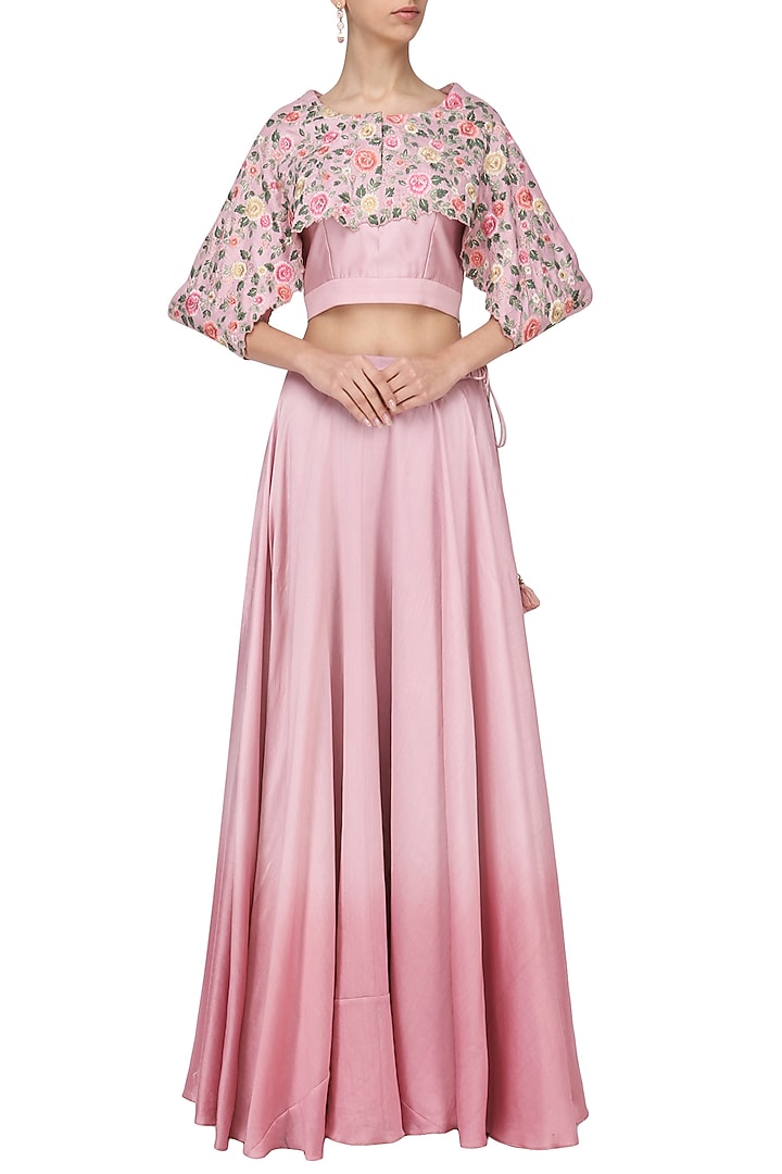 Pink ombre embroidered cape blouse and lehenga set available only at Pernia's Pop Up Shop.