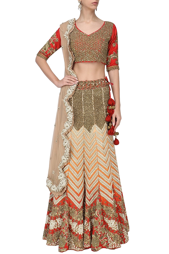 Red shaded embroidered lehenga set available only at Pernia's Pop Up Shop.