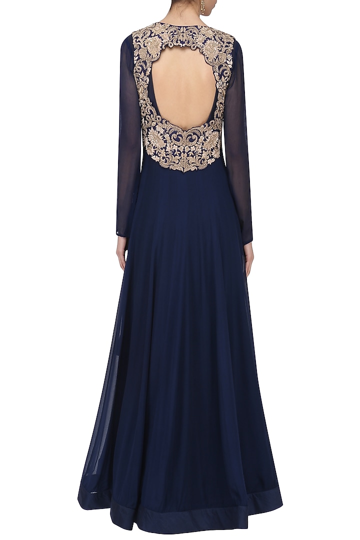 Navy asymmetric gown with embroidered jacket available only at Pernia's Pop Up Shop.