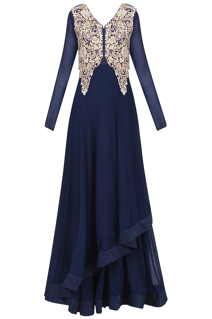 Navy Asymmetric Gown with Embroidered Jacket by Ekru by Ekta and Ruchira