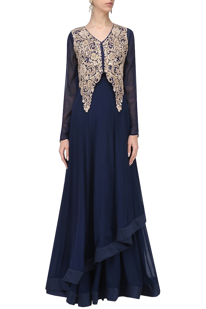 Navy asymmetric gown with embroidered jacket available only at Pernia's Pop Up Shop.