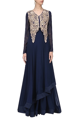 Navy Asymmetric Gown with Embroidered Jacket by Ekru by Ekta and Ruchira