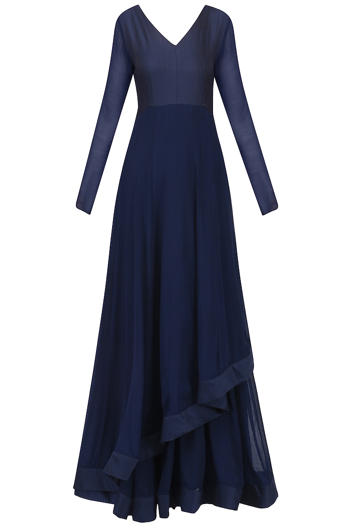 Navy asymmetric gown with embroidered jacket available only at Pernia's Pop Up Shop.