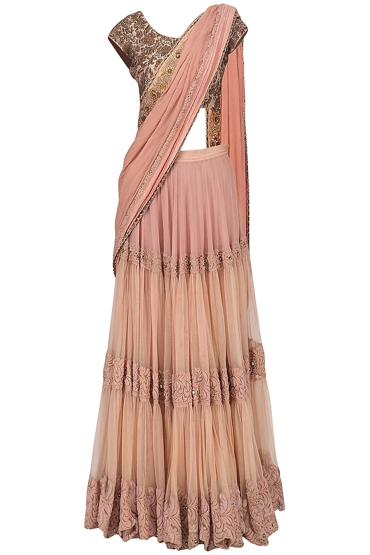 Peach Tiered Lehenga Saree with Embroidered Blouse by Ekru by Ekta and Ruchira