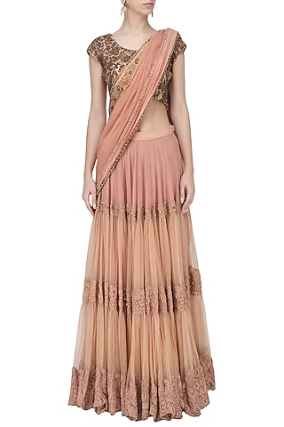 Peach Tiered Lehenga Saree with Embroidered Blouse by Ekru by Ekta and Ruchira
