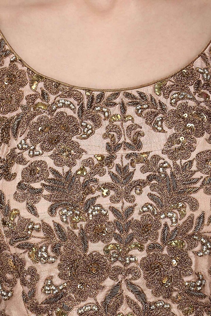 Peach tiered lehenga saree with embroidered blouse available only at Pernia's Pop Up Shop.