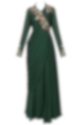 Bottle Green Embroidered Drape Gown by Ekru by Ekta and Ruchira