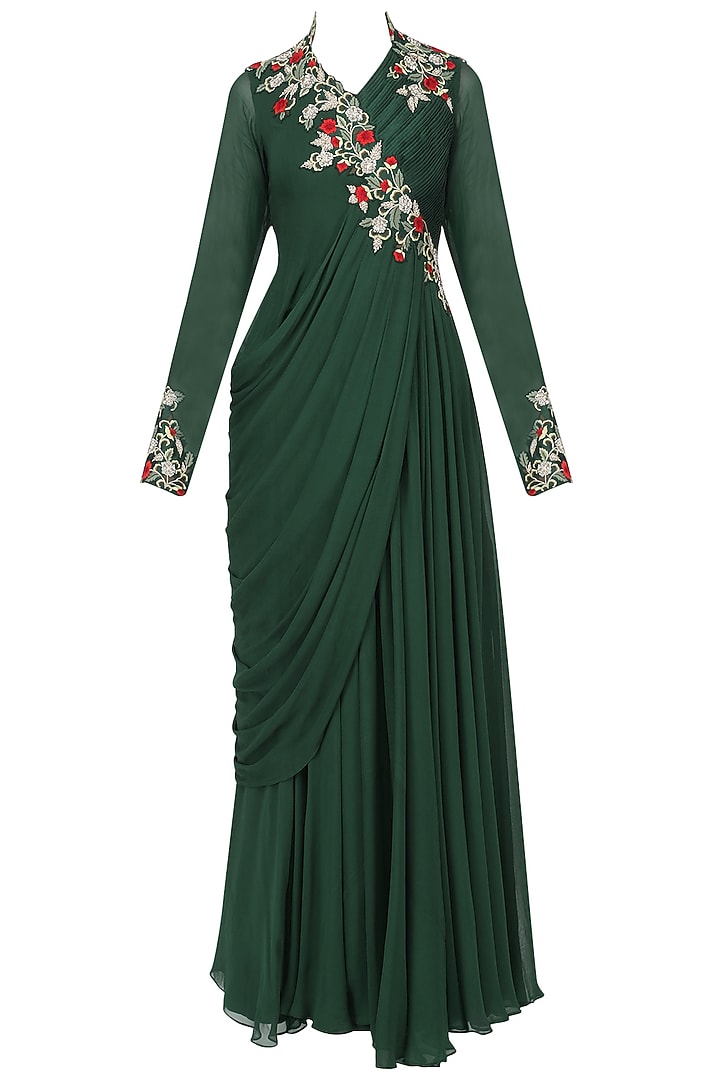 Bottle green embroidered drape gown available only at Pernia's Pop Up Shop.