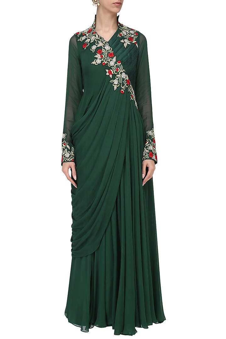 Bottle green embroidered drape gown available only at Pernia's Pop Up Shop.