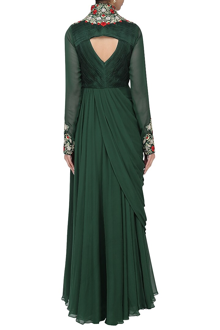 Bottle green embroidered drape gown available only at Pernia's Pop Up Shop.
