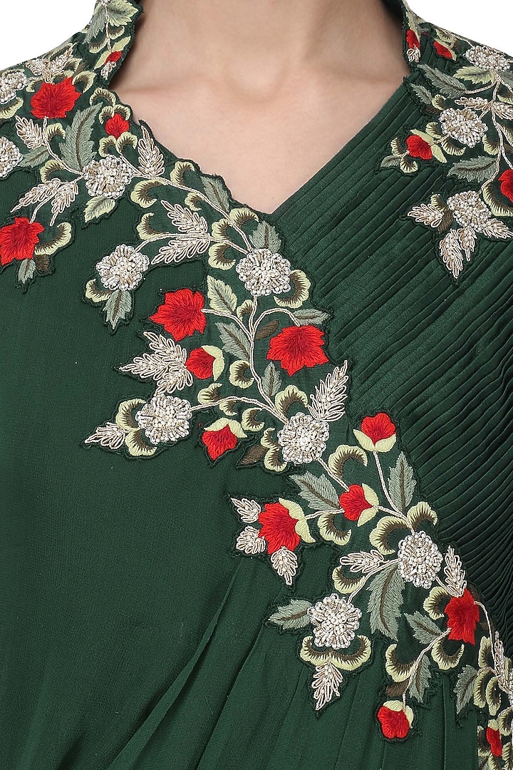 Bottle green embroidered drape gown available only at Pernia's Pop Up Shop.