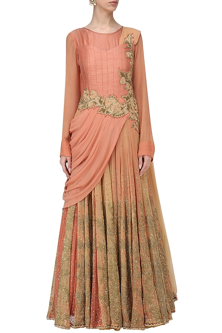 Orange peach embroidered drape gownavailable only at Pernia's Pop Up Shop.