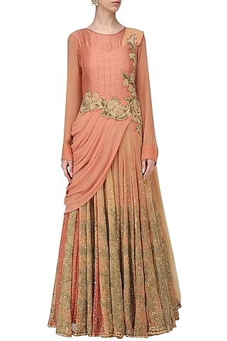 Orange Peach Embroidered Drape Gown by Ekru by Ekta and Ruchira