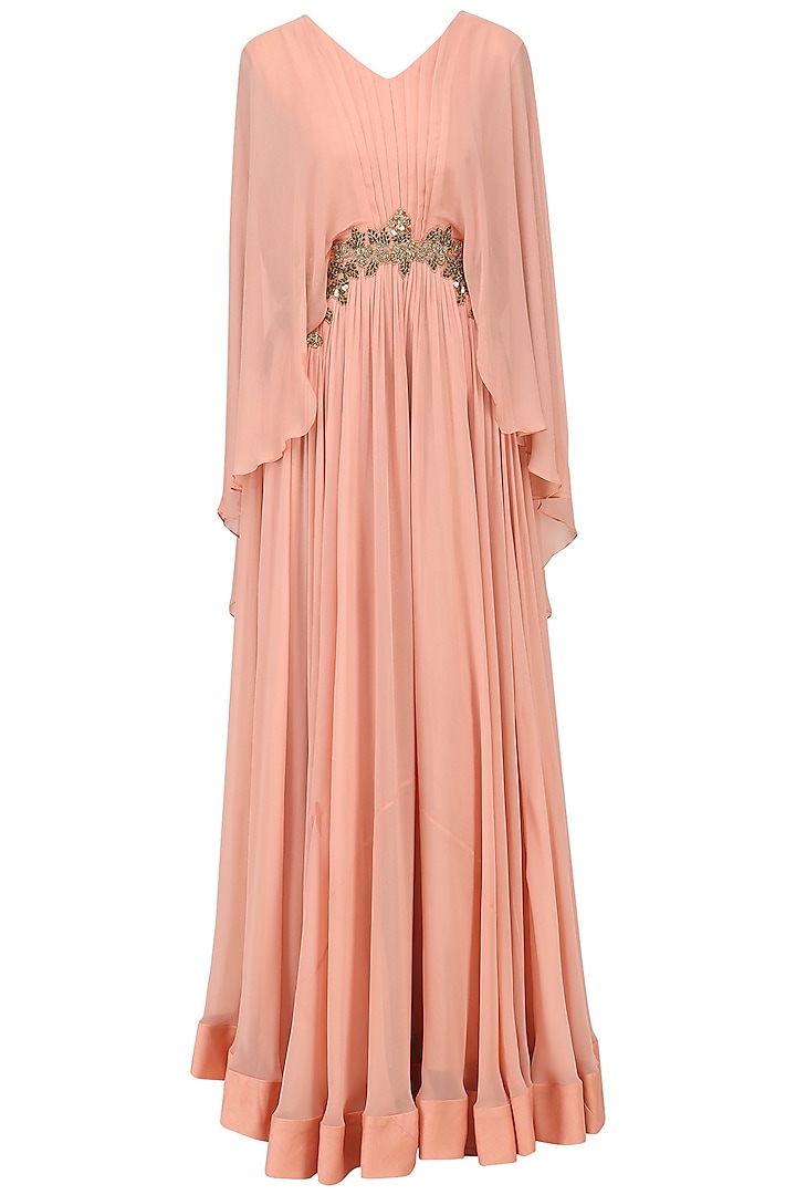Peach embroidered cape gown available only at Pernia's Pop Up Shop. 2023