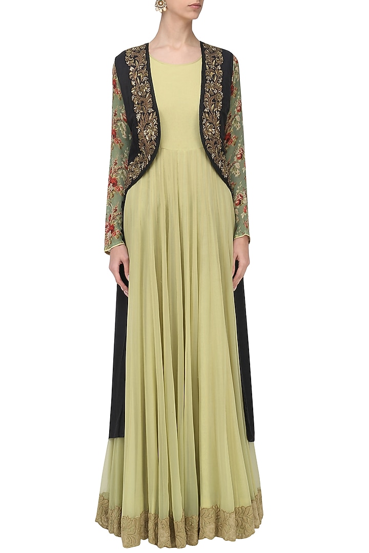 Beige anarkali with black embroidered jacket available only at Pernia's Pop Up Shop.
