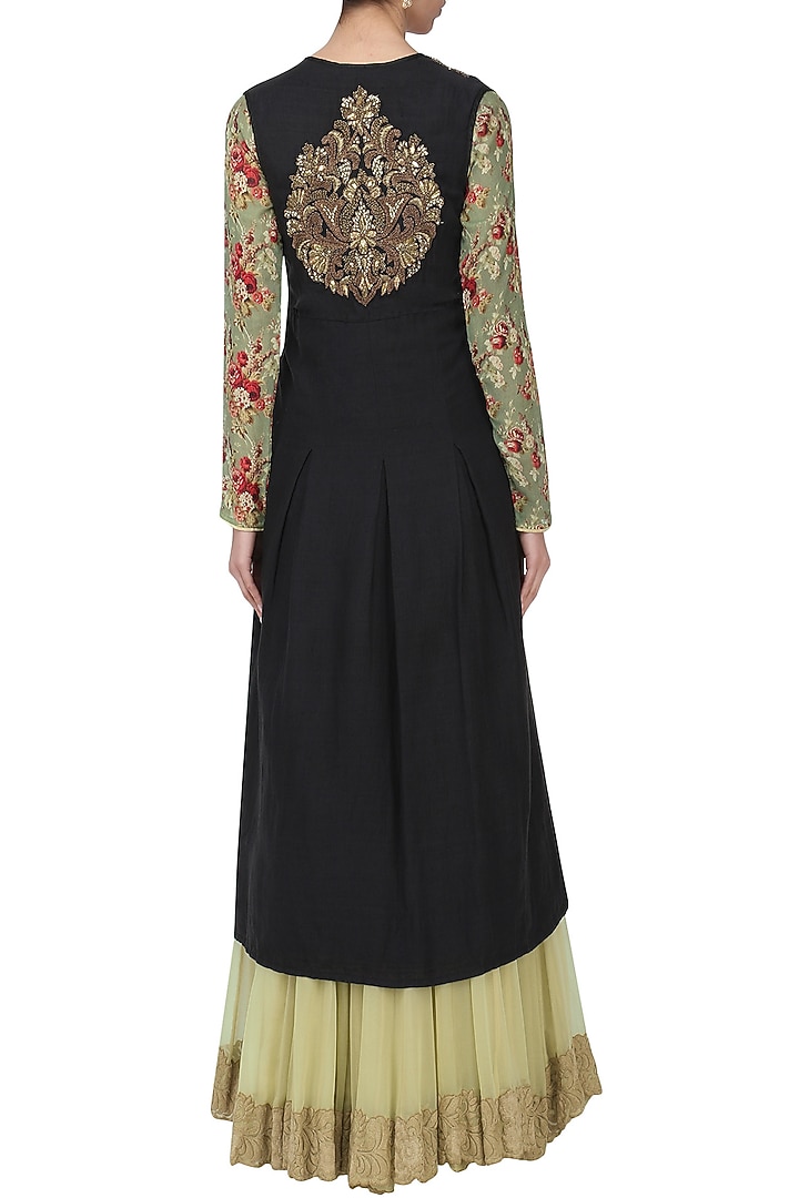 Beige anarkali with black embroidered jacket available only at Pernia's Pop Up Shop.