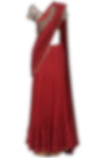 Red lehenga saree with embroidered blouse available only at Pernia's Pop Up Shop.