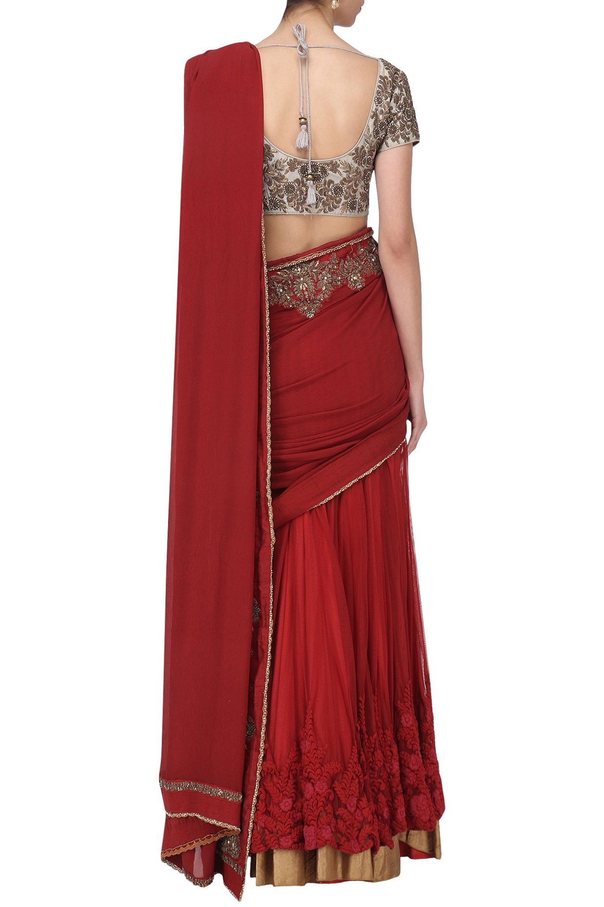 Deep Red Embroidered Lehenga Set (Set of 3) Design by Tabeer India at  Modvey | Modvey | Modvey