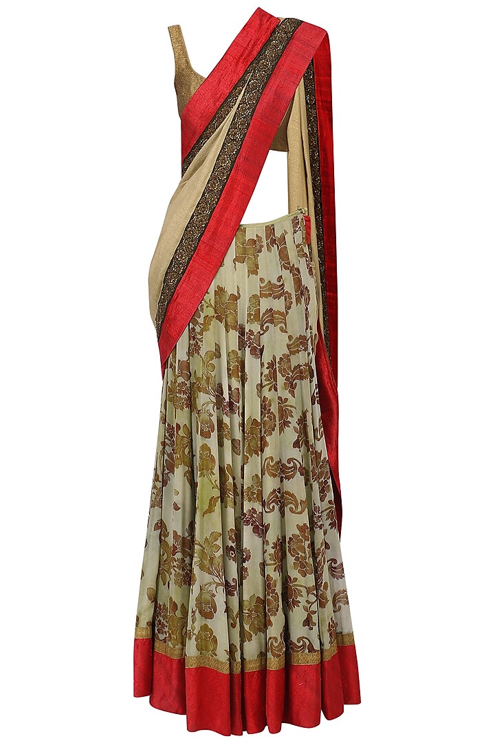Floral Printed Lehenga Saree with Embroidered Jacket Blouse by Ekru by Ekta and Ruchira