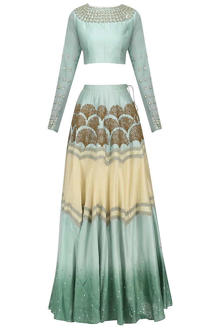 Ash blue and beige embroidered panel lehenga set available only at Pernia's Pop Up Shop.