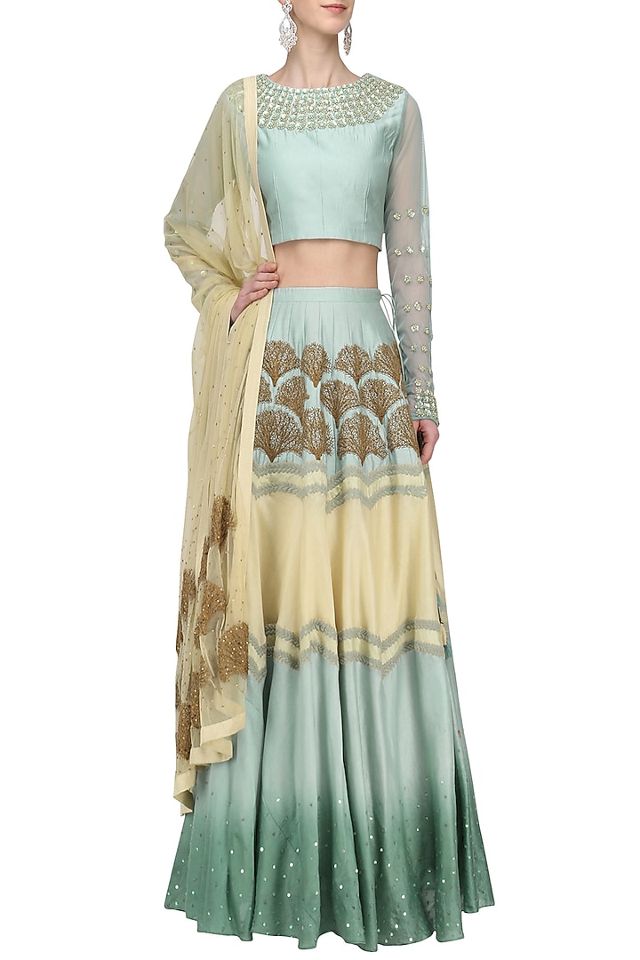 Ash blue and beige embroidered panel lehenga set available only at Pernia's Pop Up Shop.