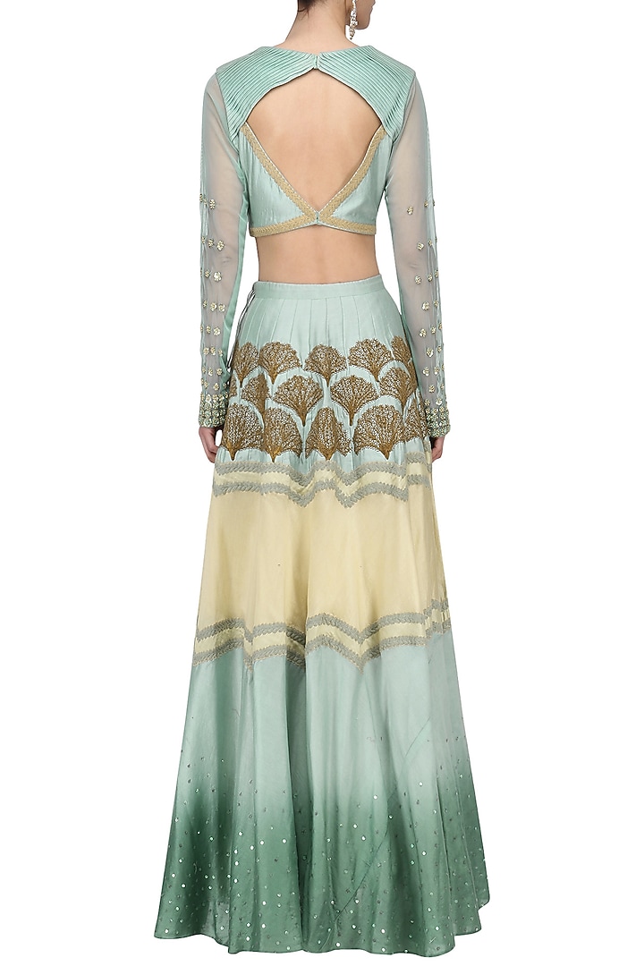 Ash blue and beige embroidered panel lehenga set available only at Pernia's Pop Up Shop.